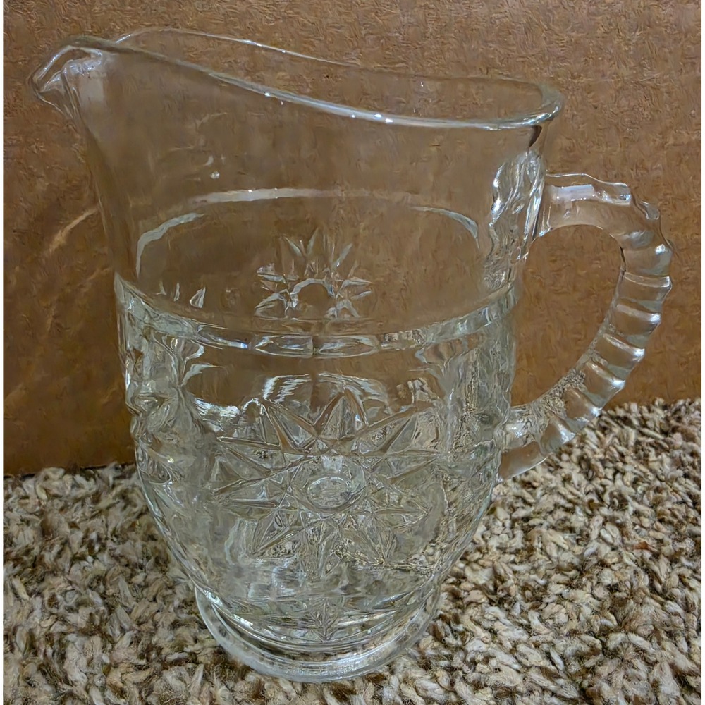 Vintage Anchor Hocking Prescut Glass Pitcher Star of David Starburst 16oz Pint